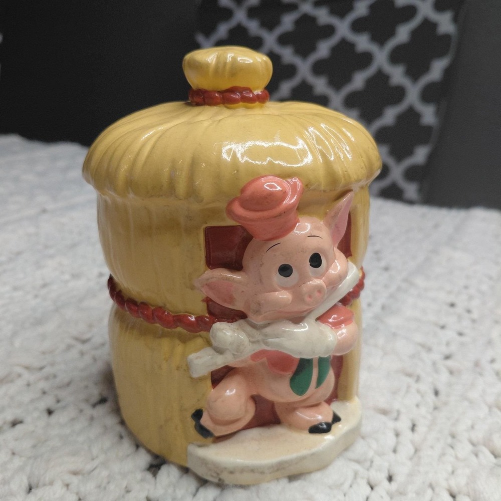 Vtg Walt Disney 3 Little Pigs‎ Straw House Piggy Bank Ceramic Japan Rare Daisies